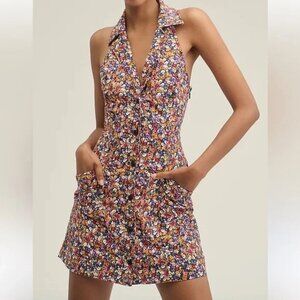 Maeve Anthropologie Amelia Floral Halter Collared Mini Dress Size Small Retro